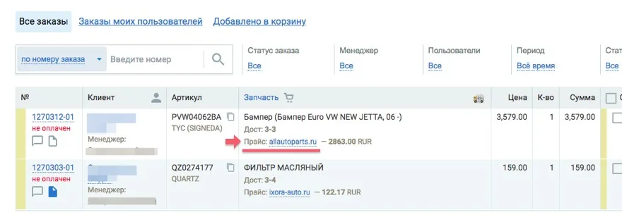 таблица заказов