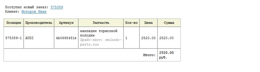Уведомление о заказе