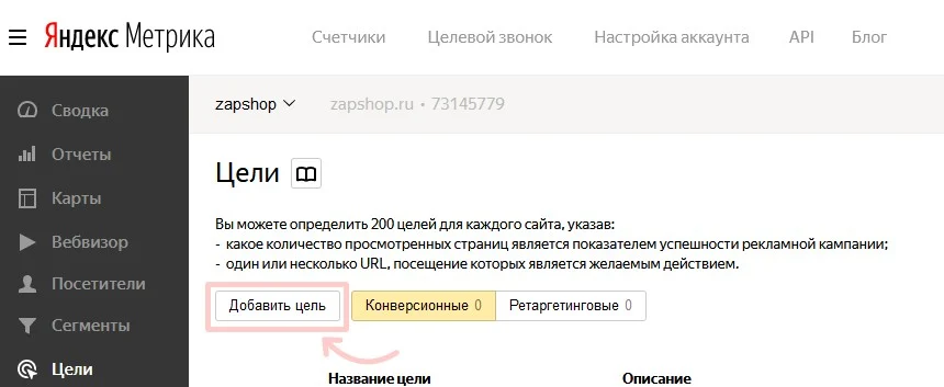 добавление целей Яндекс.Метрики