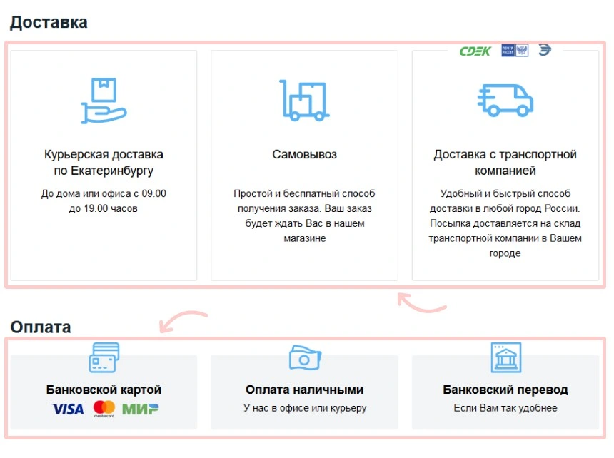 блоки доставки и оплаты